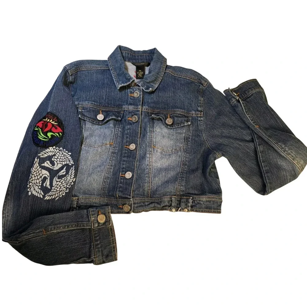 Vintage Y2K‎ Rocawear Denim Jean Jacket Patches Cropped Stretch 90s Womens 3X